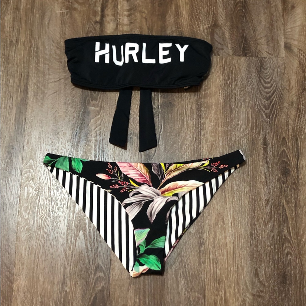 Hurley Black Bandeau Top with Black & White Striped Floral Bikini Bottom